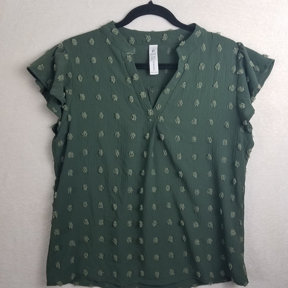 B Brand Women's Dark Green Textured V Neck Flutter Sleeve Top Size L